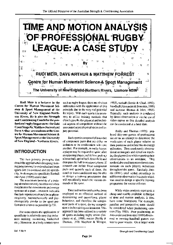  pdf time and motion analysis of professional rugby league a case study