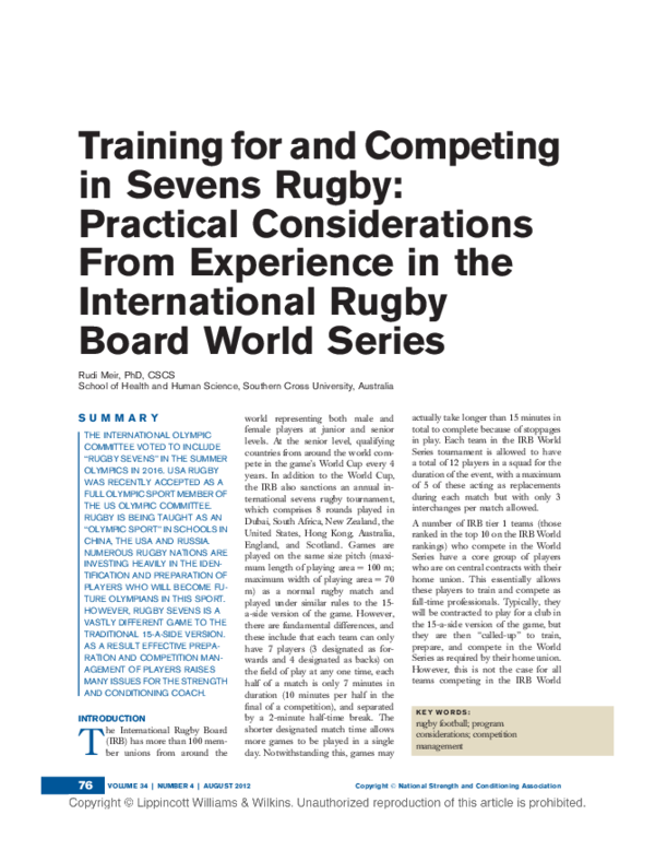 (PDF) Training for and competing in Sevens Rugby Practical