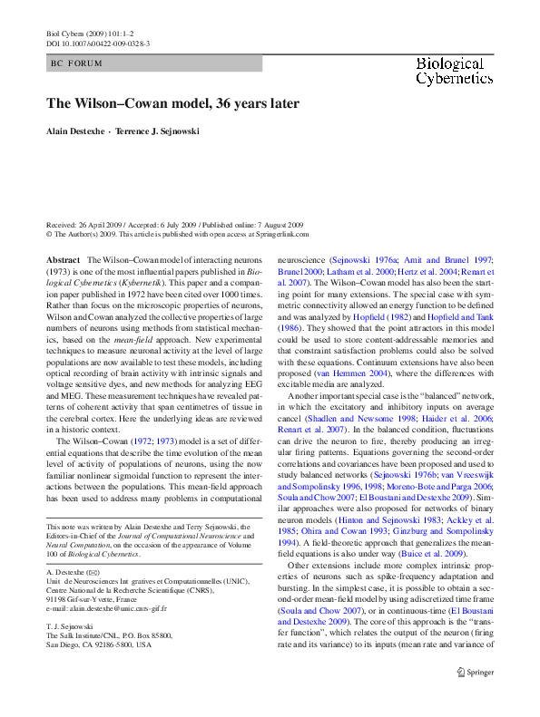 (PDF) The Wilson–Cowan model, 36 years later