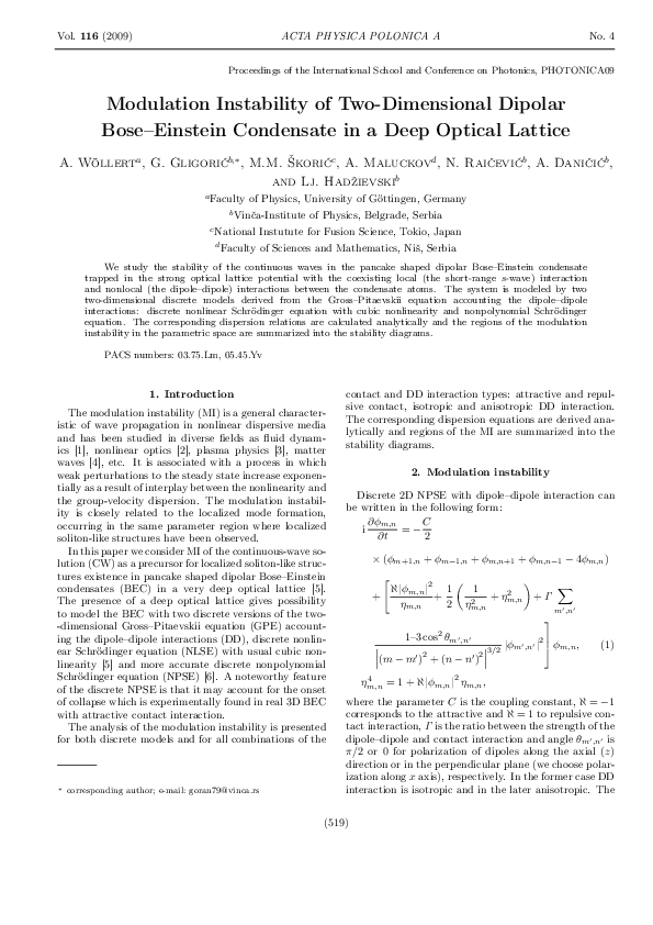 (PDF) Modulation Instability of Two Dimensional Dipolar Bose-Einstein ...