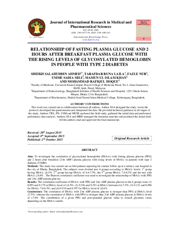 (PDF) Relationship of Fasting Plasma Glucose and 2 Hours after ...