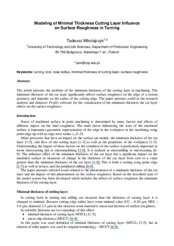 (PDF) Modeling of Minimal Thickness Cutting Layer Influence on Surface ...