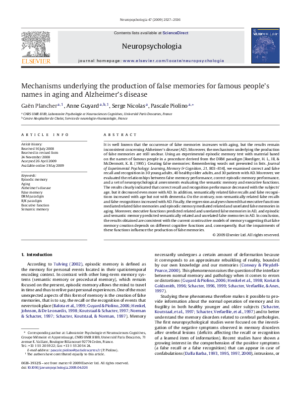 (PDF) Mechanisms underlying the production of false memories for famous ...