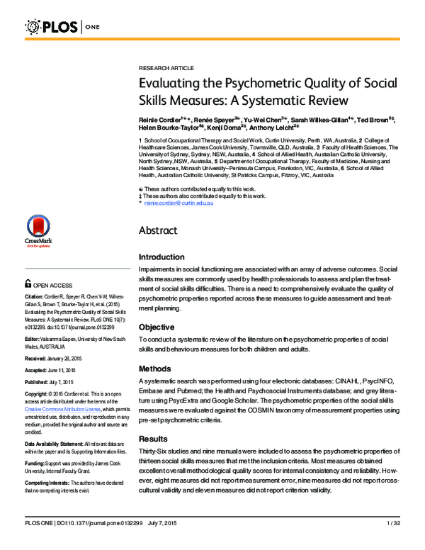 (PDF) Evaluating the Psychometric Quality of Social Skills Measures: A ...