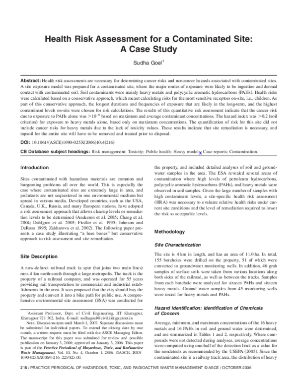 (PDF) Health Risk Assessment for a Contaminated Site: A Case Study