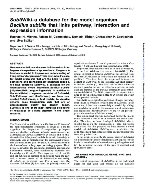 (PDF) SubtiWiki-a database for the model organism Bacillus subtilis ...