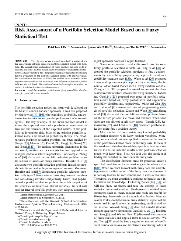 (PDF) Risk Assessment of a Portfolio Selection Model Based on a Fuzzy ...