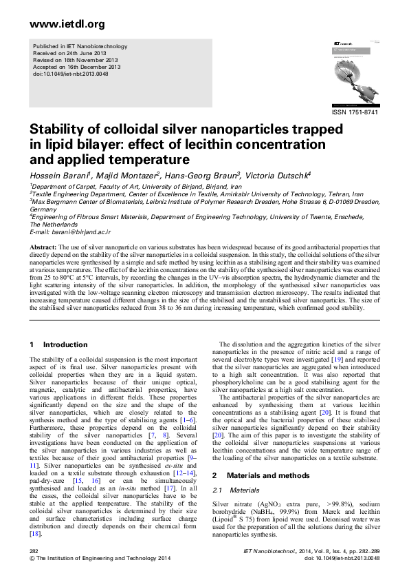 (PDF) Stability of colloidal silver nanoparticles trapped in lipid