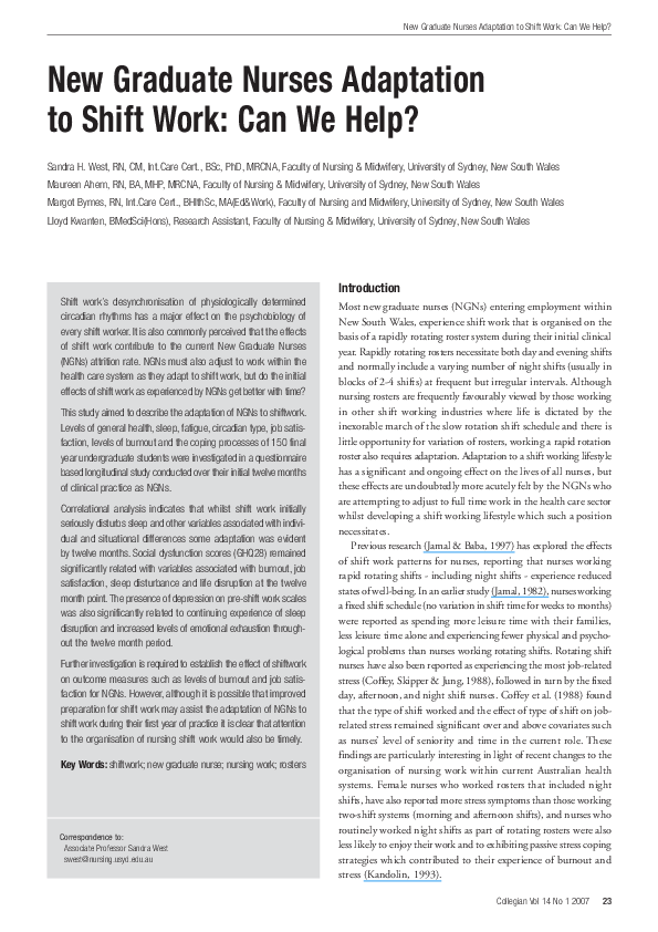 (PDF) New Graduate Nurses Adaptation to Shift Work: Can We Help?