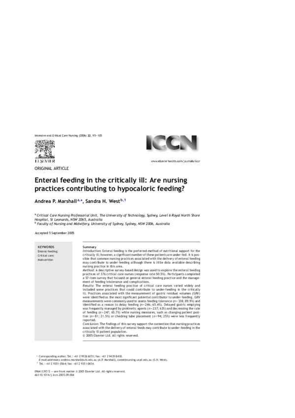 (PDF) Enteral feeding in the critically ill: Are nursing practices ...