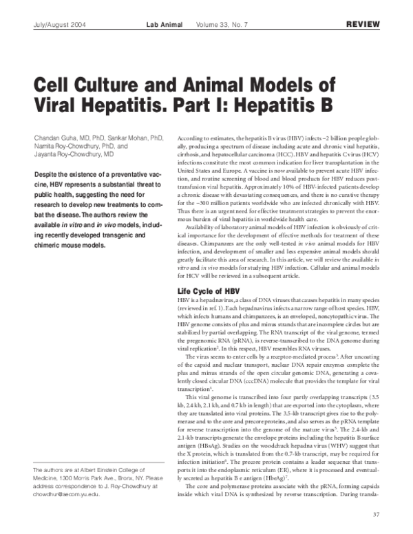 (PDF) Cell Culture and Animal Models of Viral Hepatitis. Part I Hepatitis B Jayanta Roy