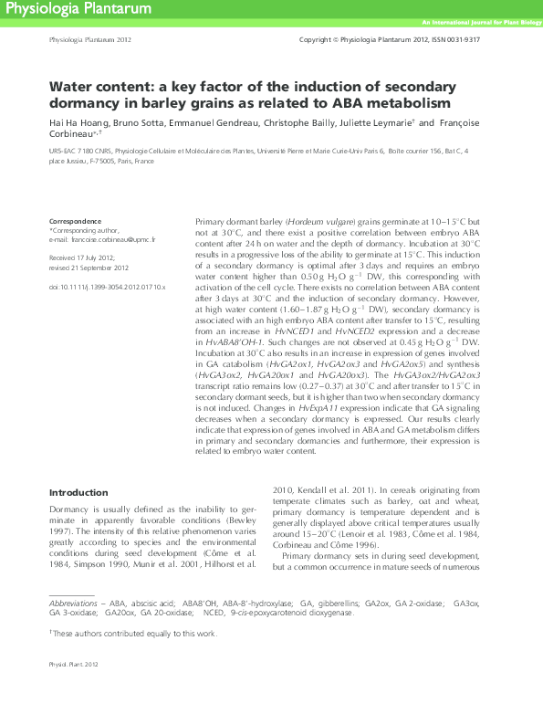 Water content: a key factor of the induction of secondary dormancy in barley grains as related to ABA metabolism