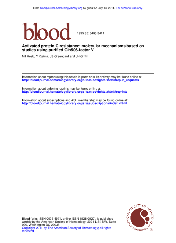 (PDF) Activated protein C resistance Molecular mechanisms based on