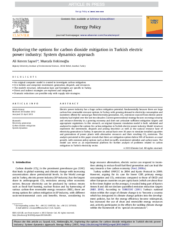 (PDF) Exploring the options for carbon dioxide mitigation in Turkish ...