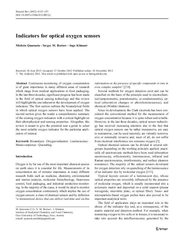 (PDF) Indicators for optical oxygen sensors
