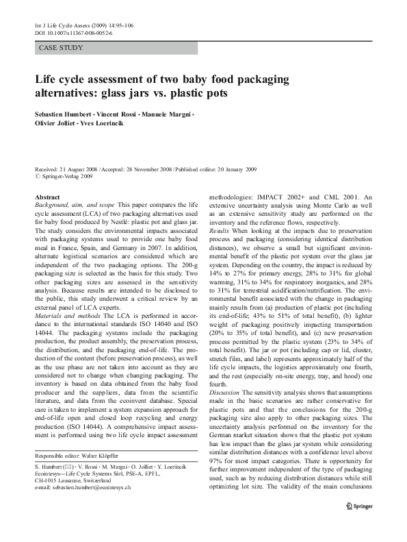 (PDF) Life cycle assessment of two baby food packaging alternatives glass jars vs. plastic pots
