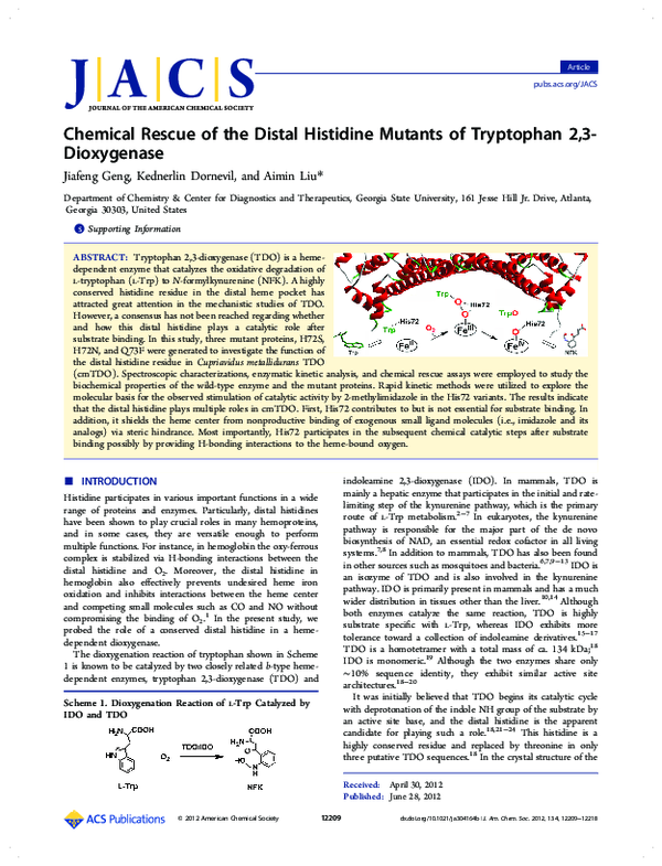(PDF) Chemical Rescue of the Distal Histidine Mutants of Tryptophan 2,3 ...