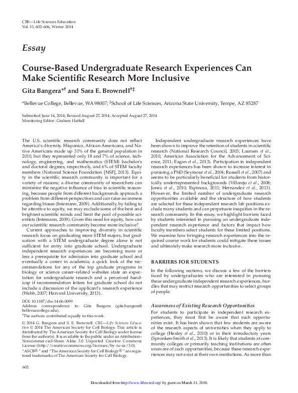 (PDF) CourseBased Undergraduate Research Experiences Can Make Scientific Research More