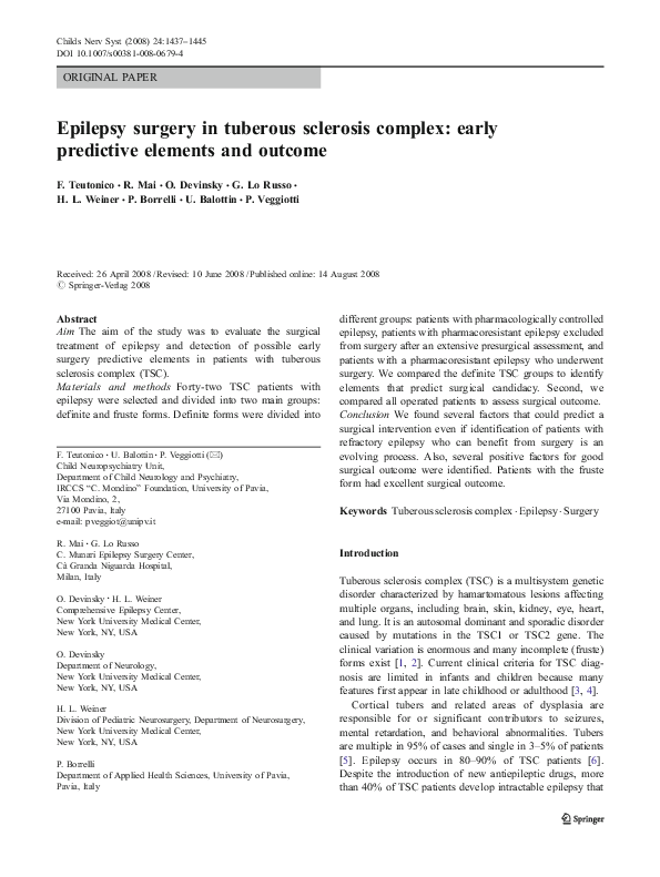 (PDF) Epilepsy surgery in tuberous sclerosis complex: early predictive ...