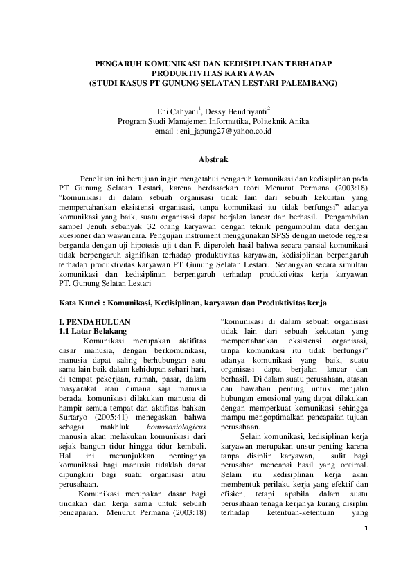Pdf Pengaruh Komunikasi Dan Kedisiplinan Terhadap Produktivitas Karyawan Studi Kasus Pt Gunung Selatan Lestari Palembang Eni Cahyani And Eni Cahyani Academia Edu