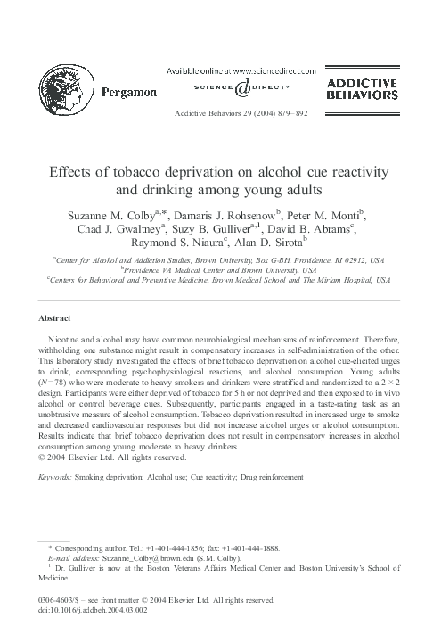 (PDF) Effects of tobacco deprivation on alcohol cue reactivity and ...