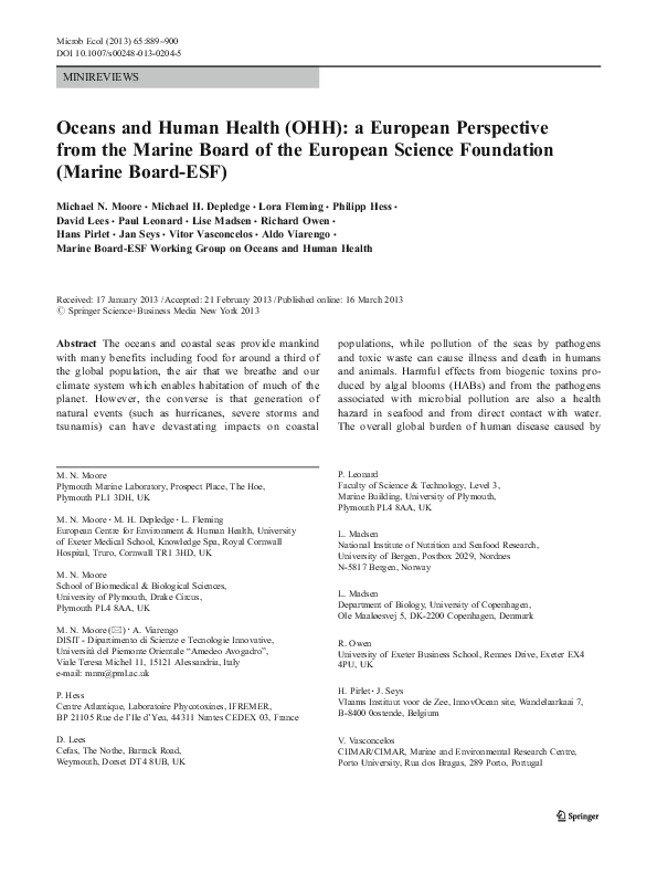 (PDF) Oceans and Human Health (OHH): a European Perspective from the ...