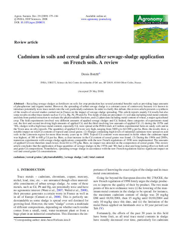 (PDF) Cadmium in Soils and Cereal Grains After SewageSludge