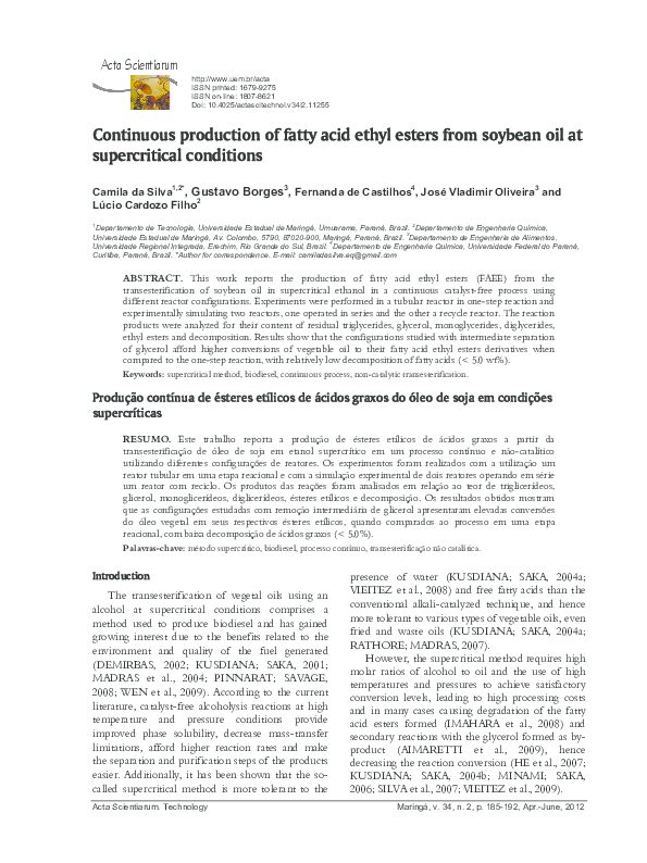 (PDF) Continuous production of fatty acid ethyl esters from sunflower