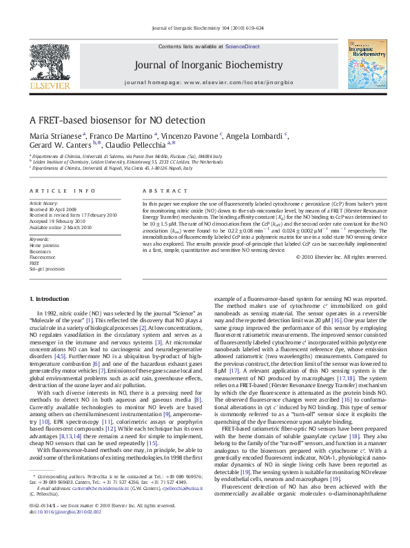 (PDF) A FRETbased biosensor for NO detection Gerard Canters