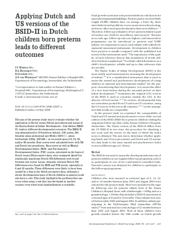 (PDF) Applying Dutch and US versions of the BSID-II in Dutch children ...