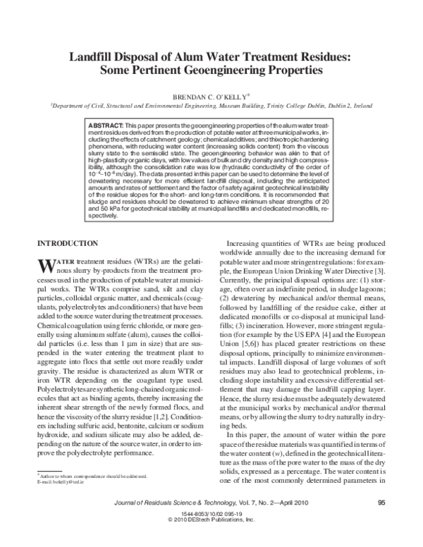 (PDF) Landfill disposal of alum water treatment residues some