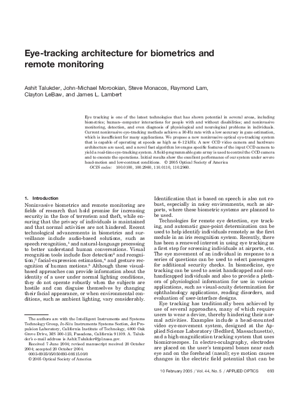 (PDF) Eyetracking architecture for biometrics and remote monitoring