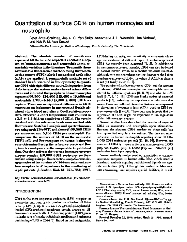 (PDF) Quantitation of surface CD14 on human monocytes and neutrophils