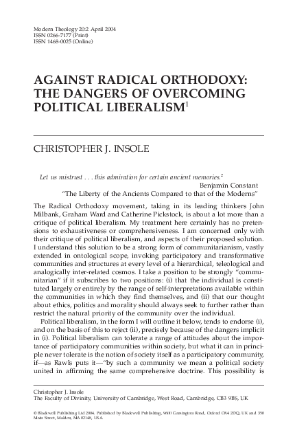 Against Radical Orthodoxy: The Dangers of Overcoming Political Liberalism