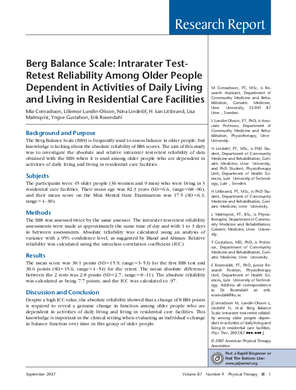 (PDF) Berg Balance Scale Intrarater TestRetest Reliability Among