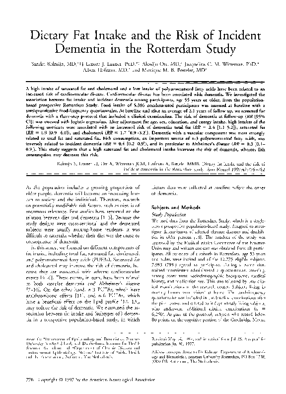 (PDF) Dietary fat intake and the risk of incident dementia in the ...