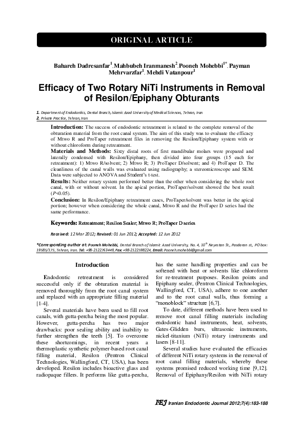 (PDF) Efficacy of Two Rotary NiTi Instruments in Removal of Resilon ...