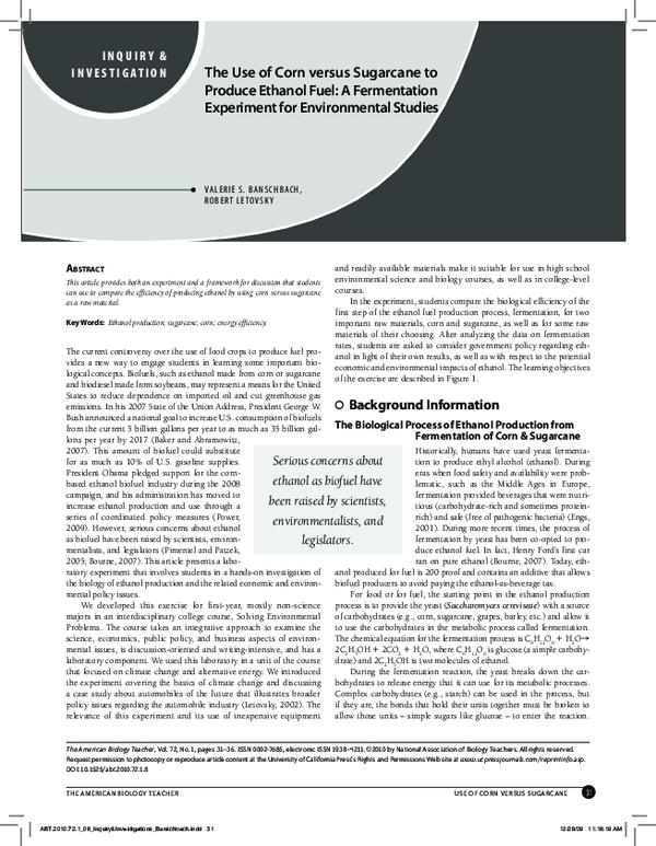(PDF) The Use of Corn versus Sugarcane to Produce Ethanol Fuel A