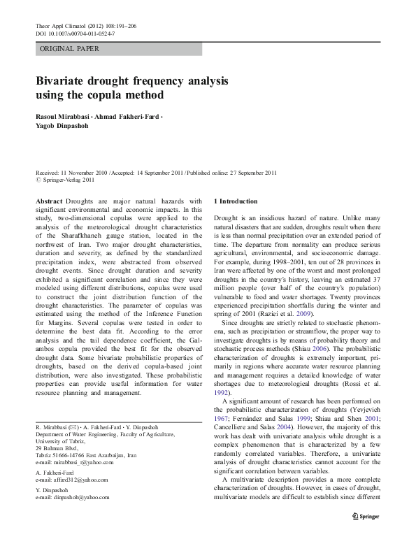 (PDF) Bivariate drought frequency analysis using the copula method