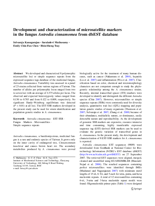 (PDF) DEVELOPMENT AND CHARACTERIZATION OF MICROSATELLITE LOCI IN ...