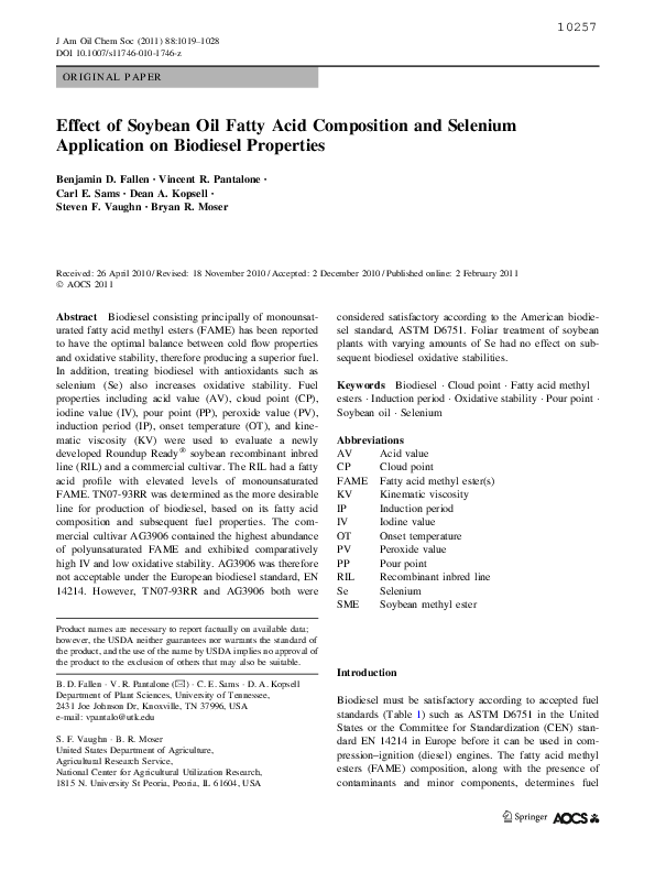 (PDF) Effect of Soybean Oil Fatty Acid Composition and Selenium
