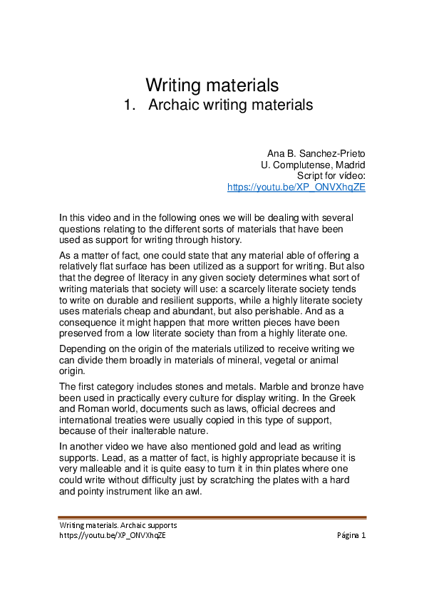 (PDF) Writing Materials 1. Archaic Writing Materials Ana B Sanchez