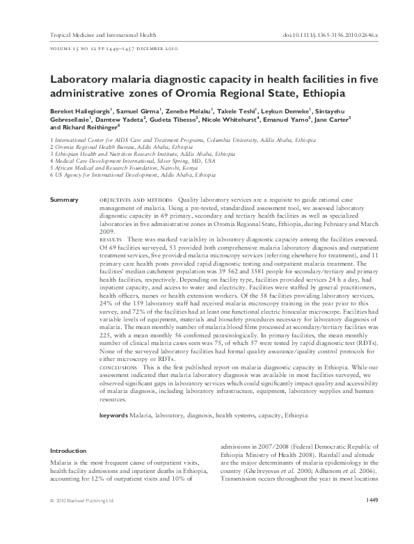(PDF) Laboratory malaria diagnostic capacity in health facilities in
