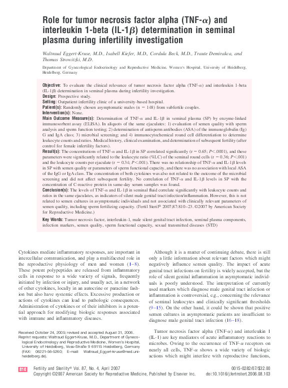 (PDF) Role for tumor necrosis factor alpha (TNF-α) and interleukin 1 ...