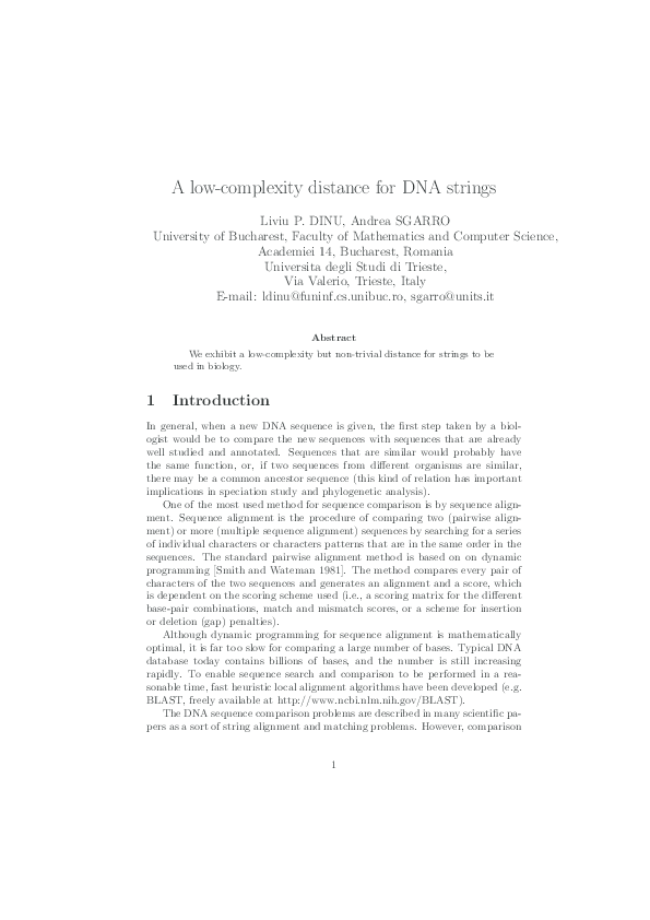 (PDF) A Low-complexity Distance for DNA Strings