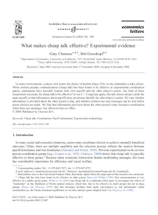 (PDF) What makes cheap talk effective? Experimental evidence