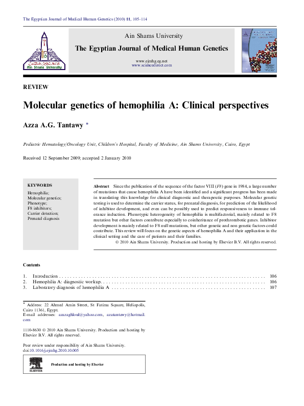 (PDF) Molecular genetics of hemophilia A: Clinical perspectives