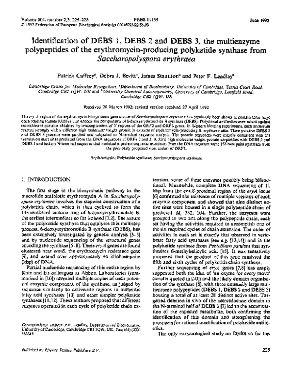 (PDF) Identification of DEBS 1, DEBS 2 and DEBS 3, the multienzyme ...
