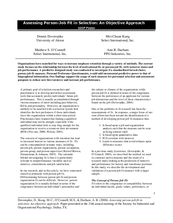 (PDF) Assessing PersonJob Fit in Selection An Objective Approach SIOP Poster Mavis Kung