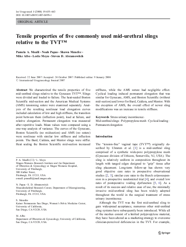 (PDF) Tensile properties of five commonly used mid-urethral slings ...